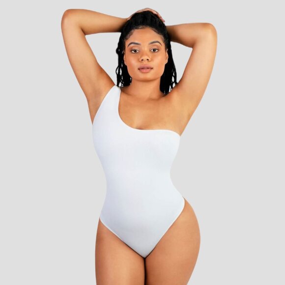 Off the Shoulder Tummy-Control Bodysuit, White - Picture 1 of 5